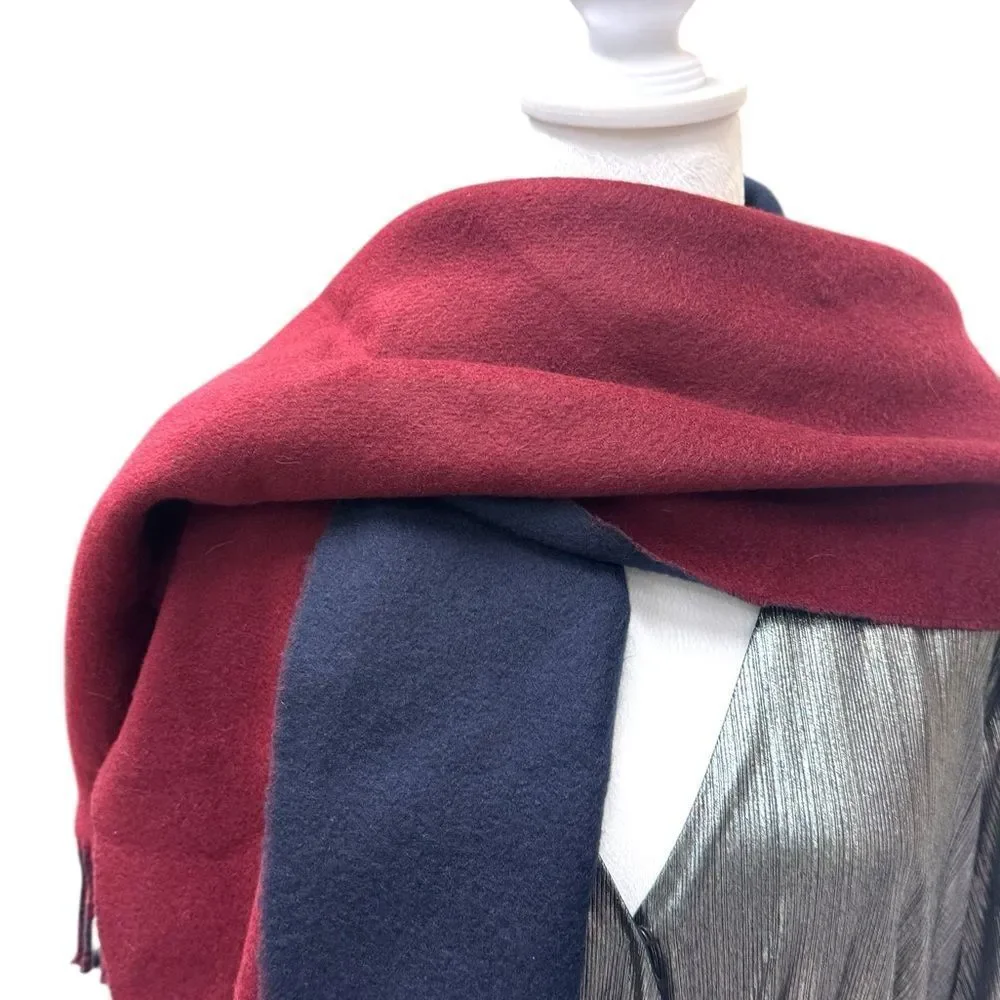 Hermes Bordeaux & Navy Blue 100% Cashmere Kasak Fringed Shawl Wrap Scarf Auth